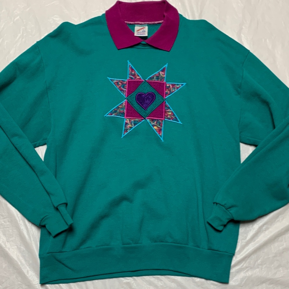 Jerzees Vintage 90s Quilted Grandmacore Cottage Teal Purple Sweatshirt Sz Lg